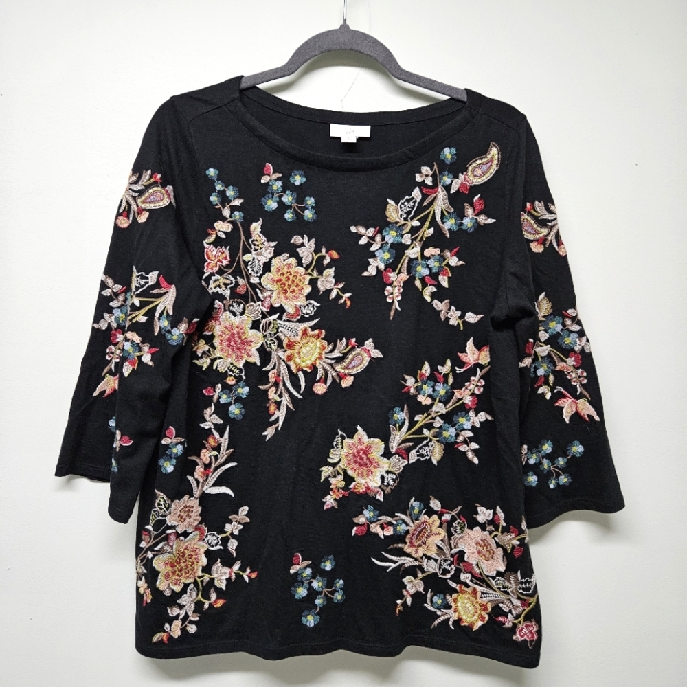 J.Jill Luxurious Valley Flowers Embroidered Knit Top Black Grandma Core